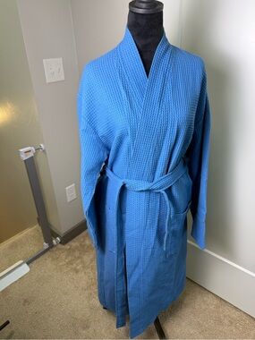Melismo TowelSelections Cotton Blend Waffle Print Bath Robe Turkish Blue L/XL